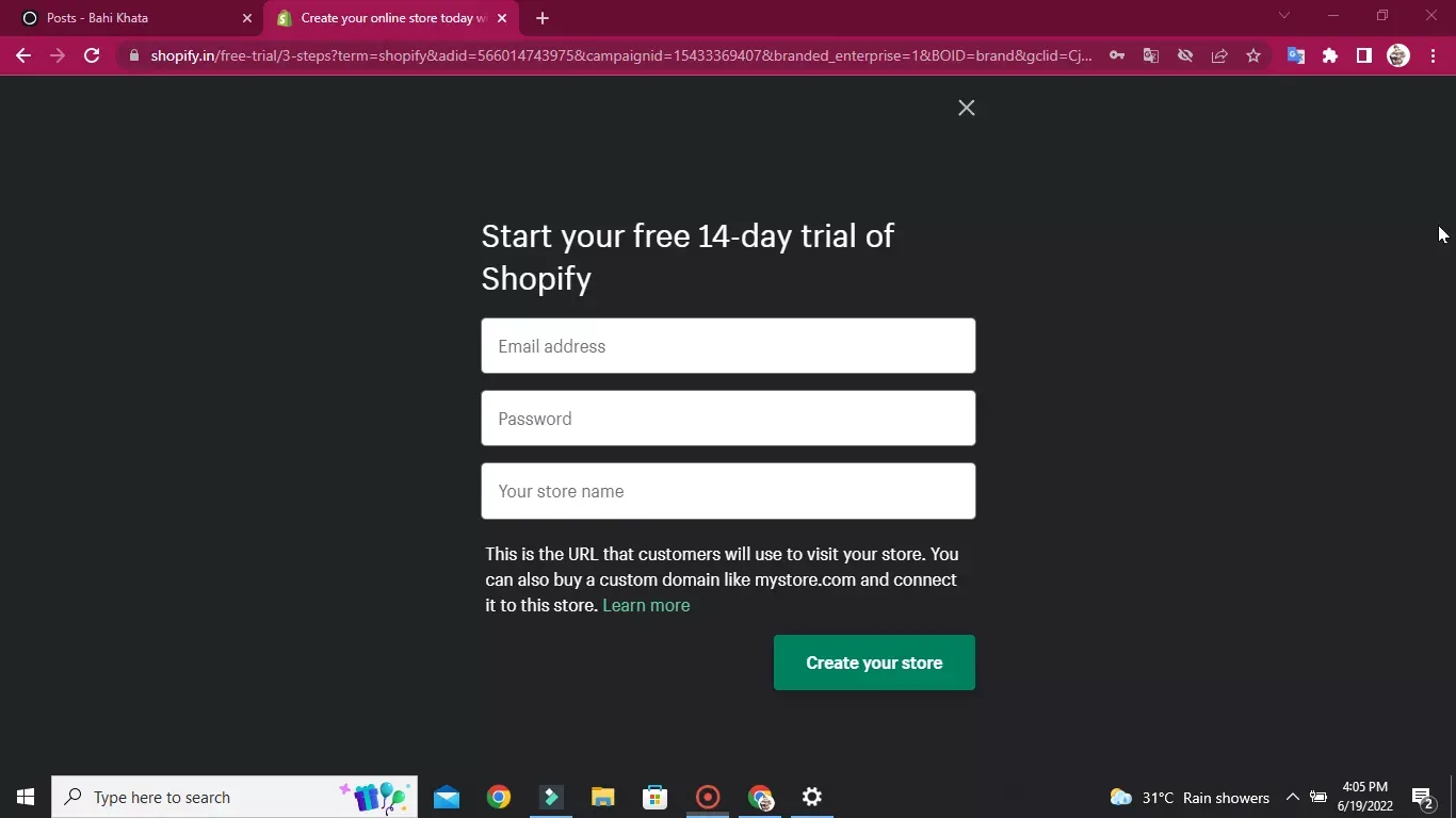 Start your free 14-day trial of Shopify